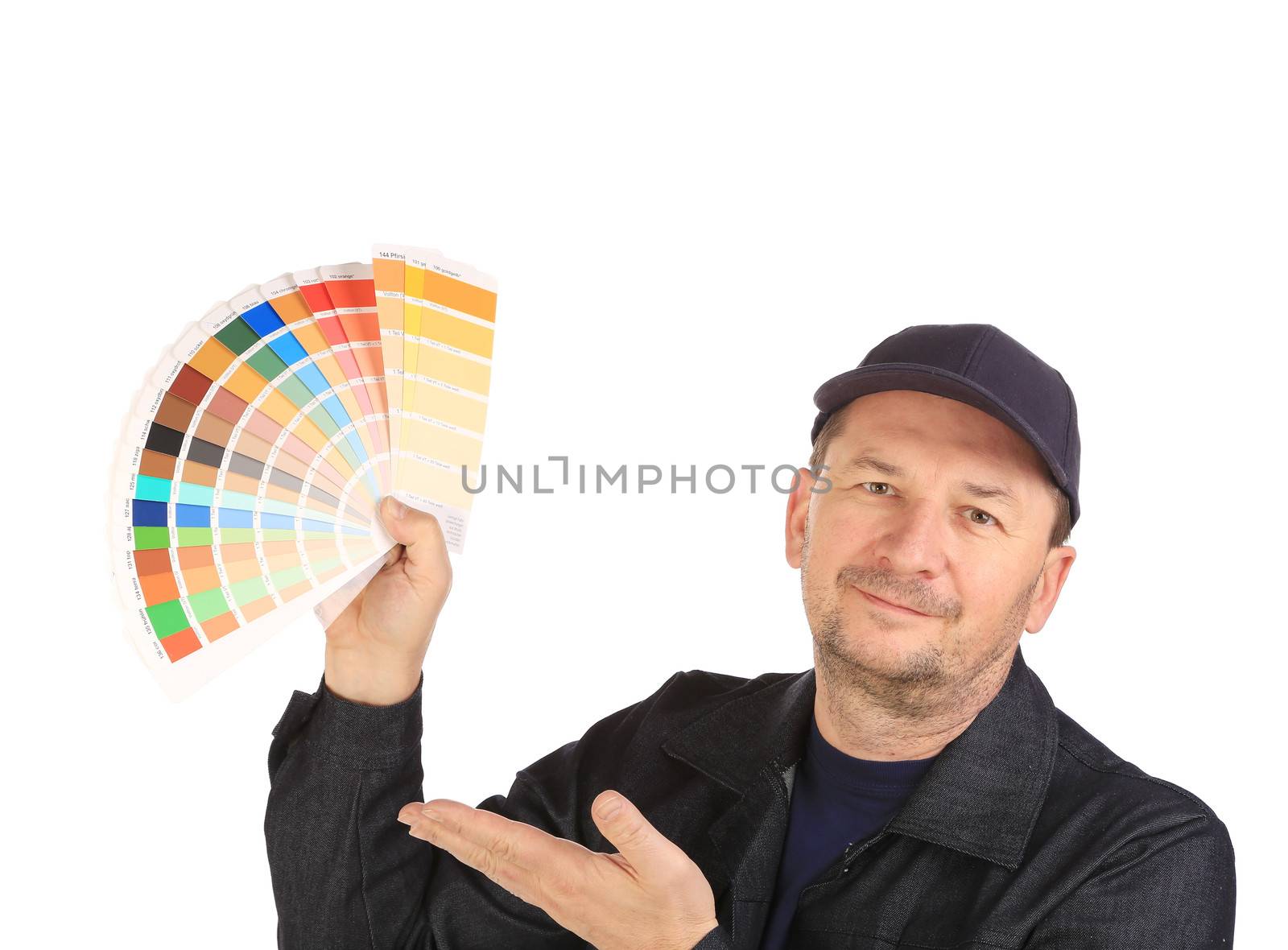 Worker with color samples. Isolated on a white background.