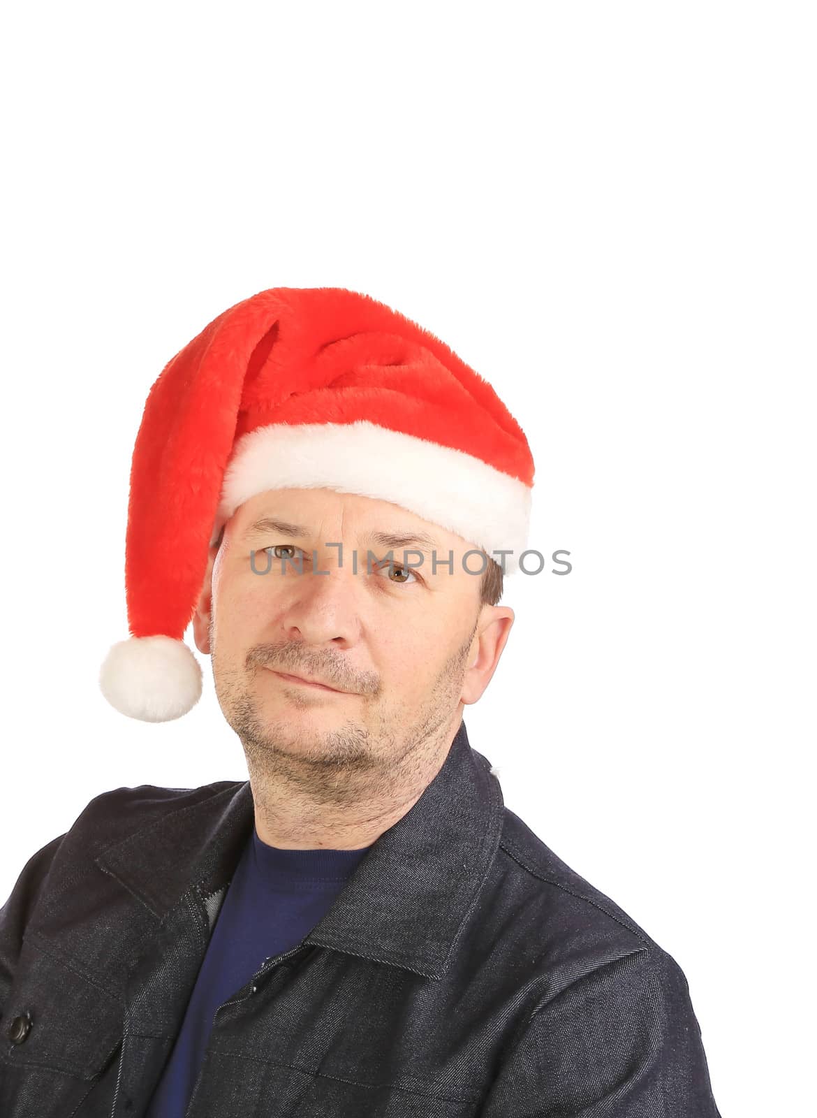 Close up of man in santa's hat. Isolated on a white background.