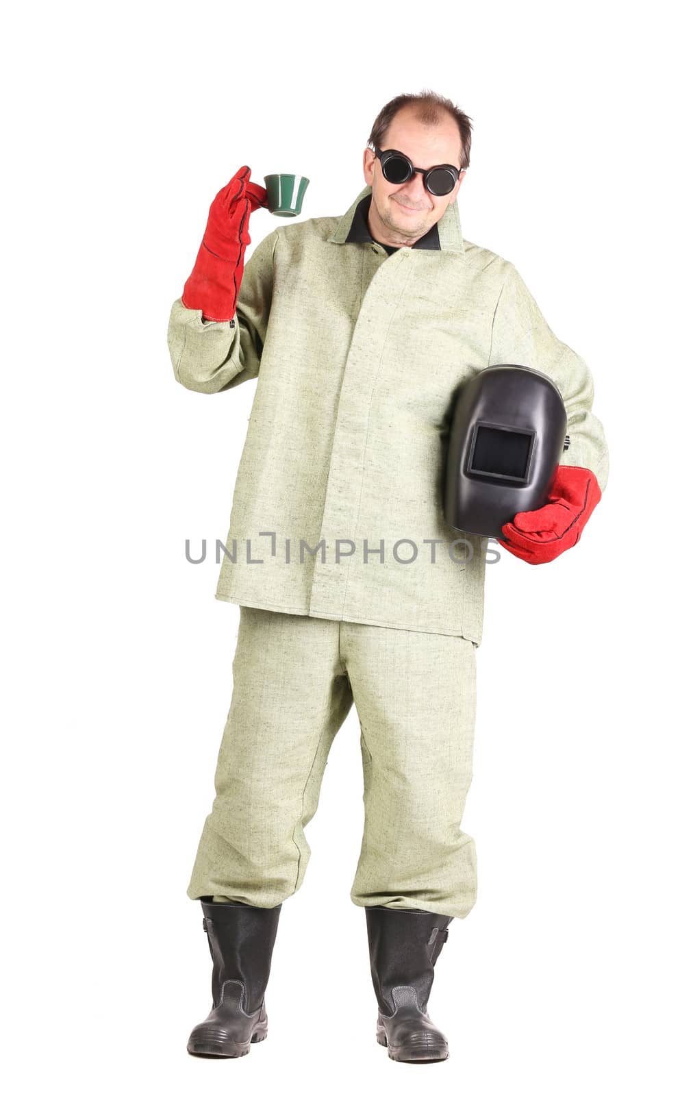 Welder with mask and coffee. Isolated on a white background.