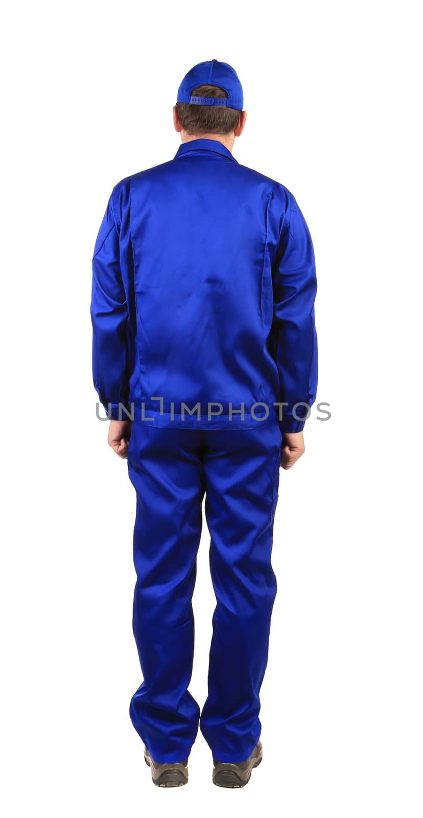 Worker in blue workwear. Back view. Isolated on a white background.