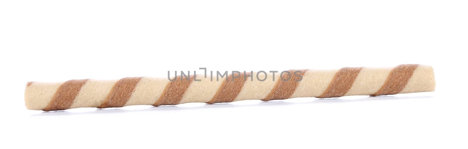 Waffle roll with chocolate cream. Isolated on a white background.