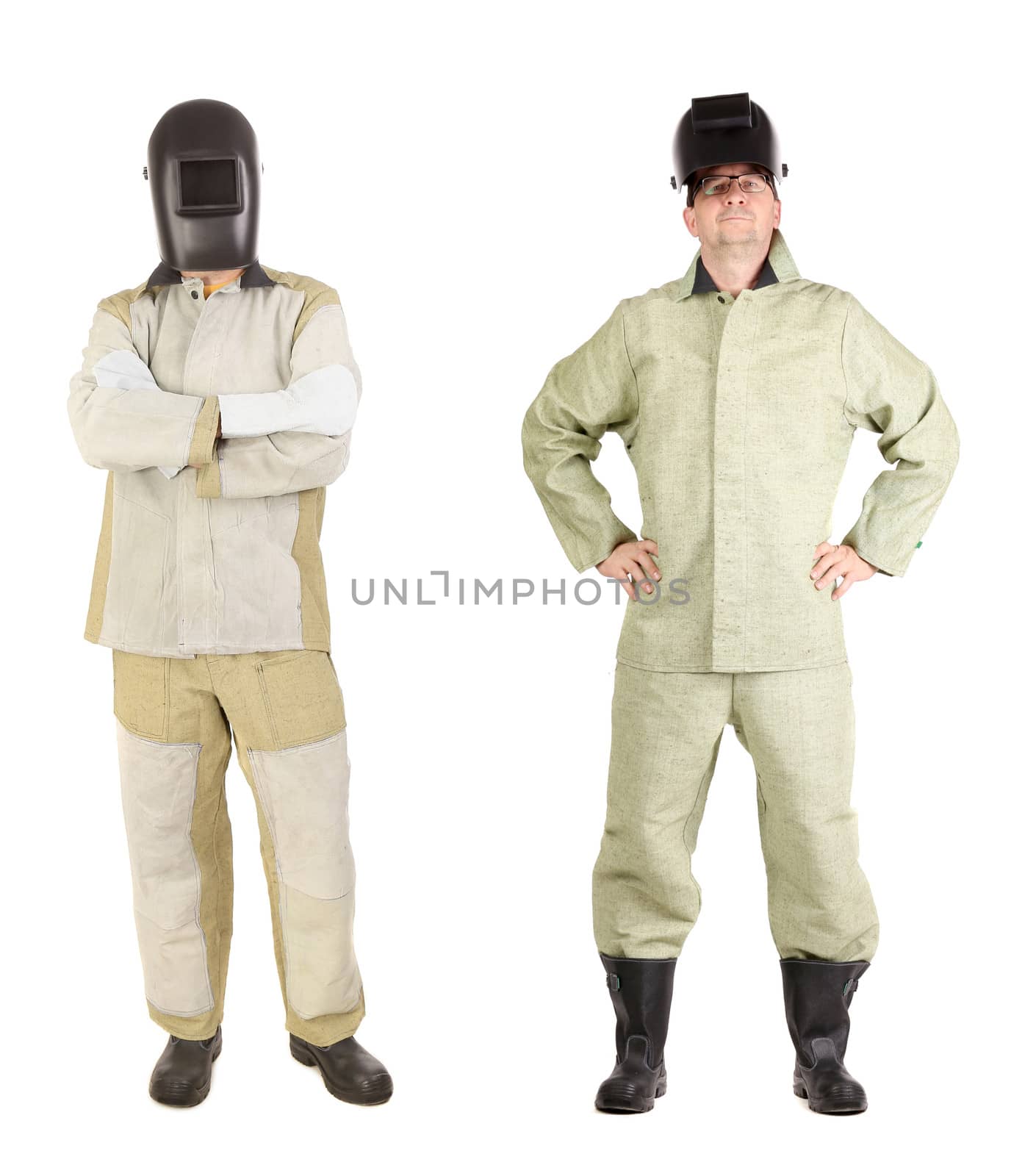 Two welder men with mask. Isolated on a white background.