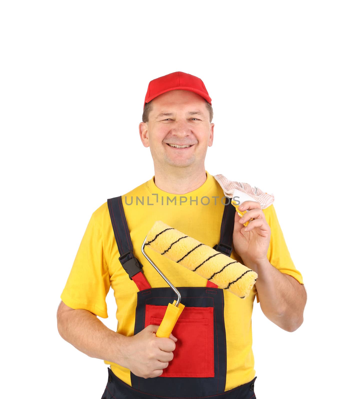 Worker in cap with roll. Isolated on a white background.