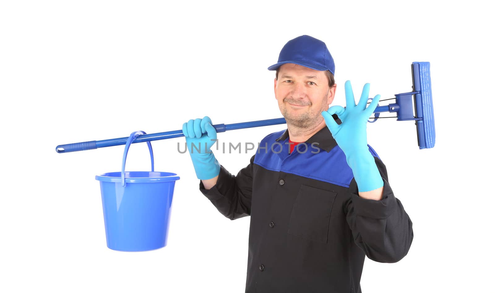 Man holding broom and bucket. Isolated on a white background.