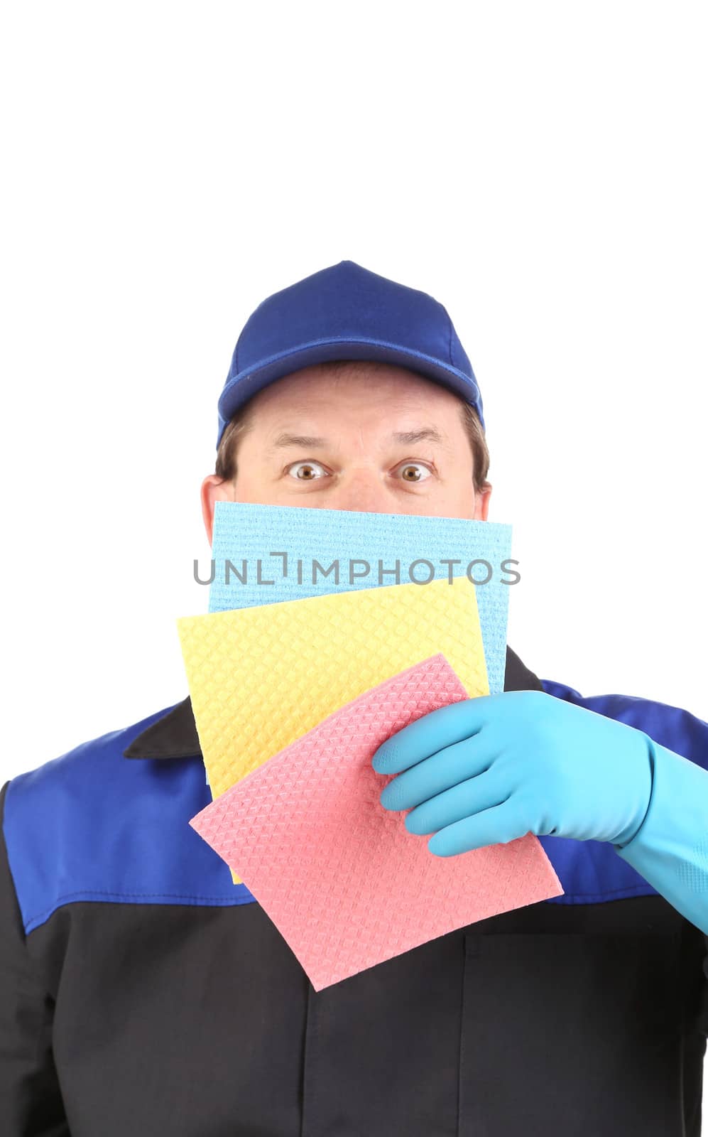 Man holds bottle and sponge. Isolated on a white background.