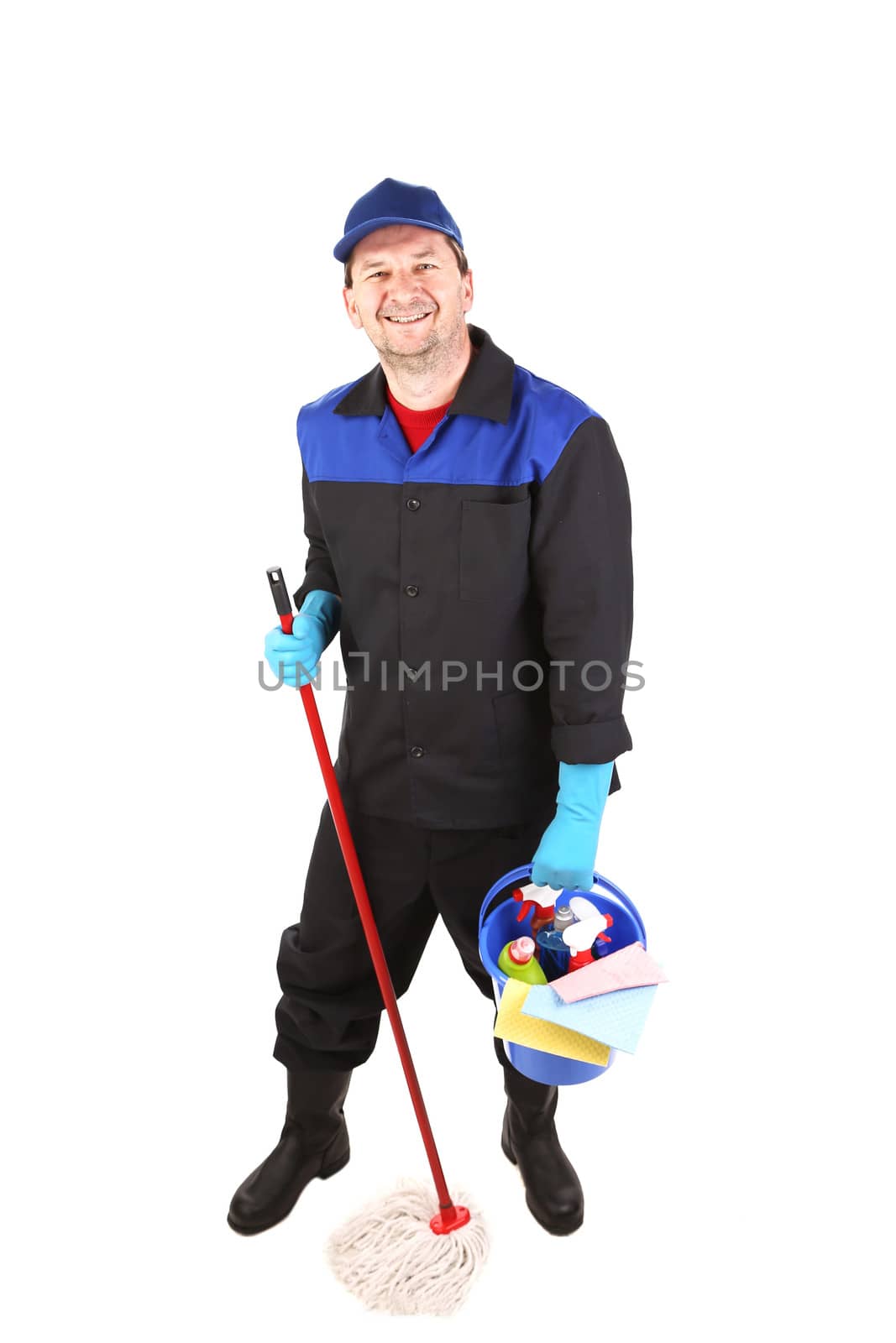 Man in workwear with bucket and mop. by indigolotos