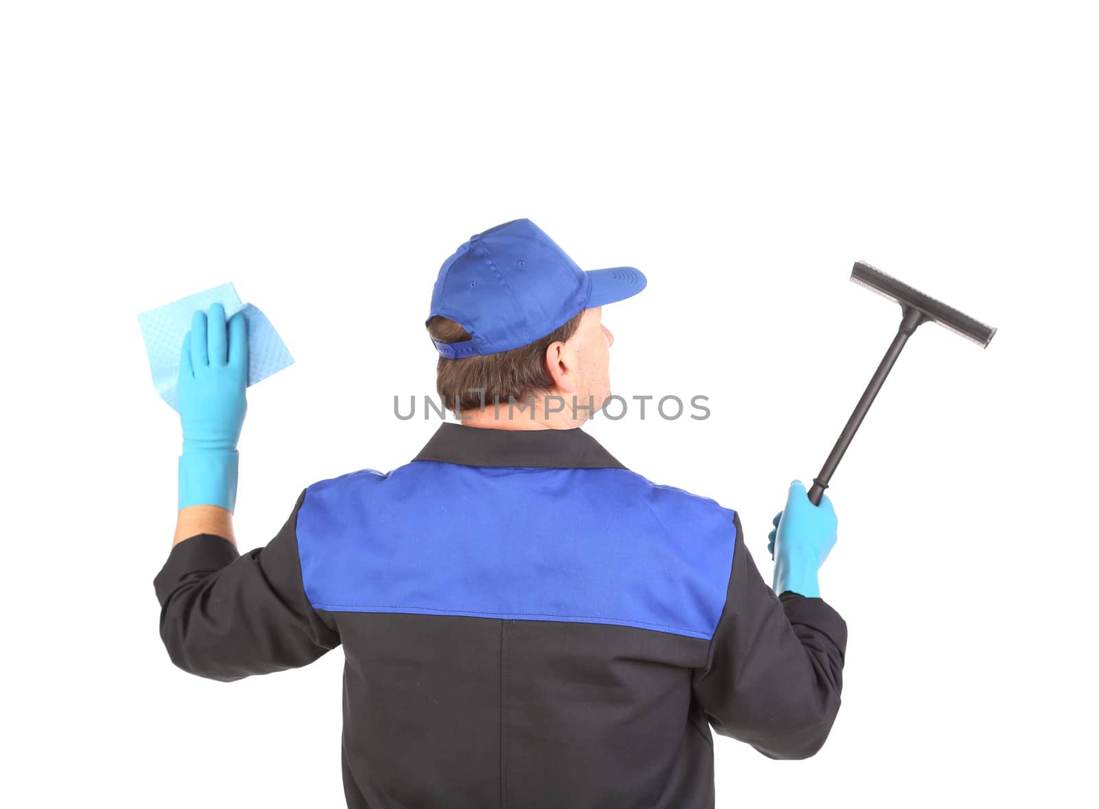Worker in gloves with window cleaner. Isolated on a white background.