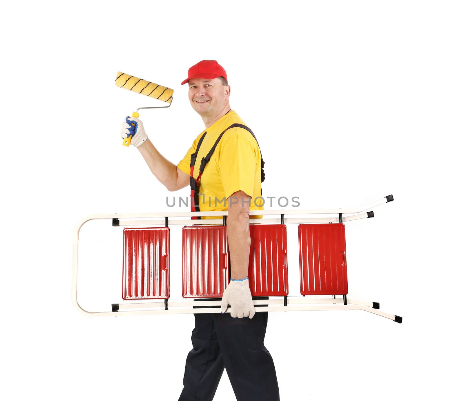 Worker with ladder and roll. Isolated on a white background.