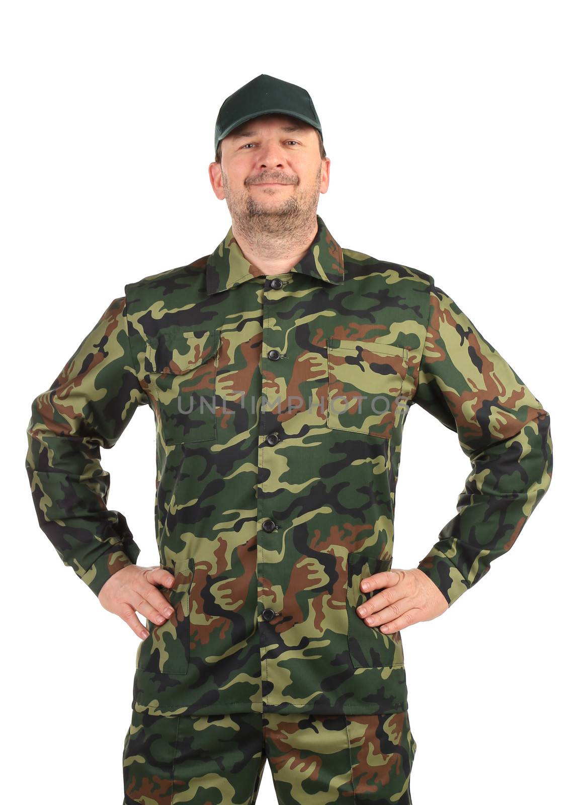 Proud man in military suit. Isolated on a white background.