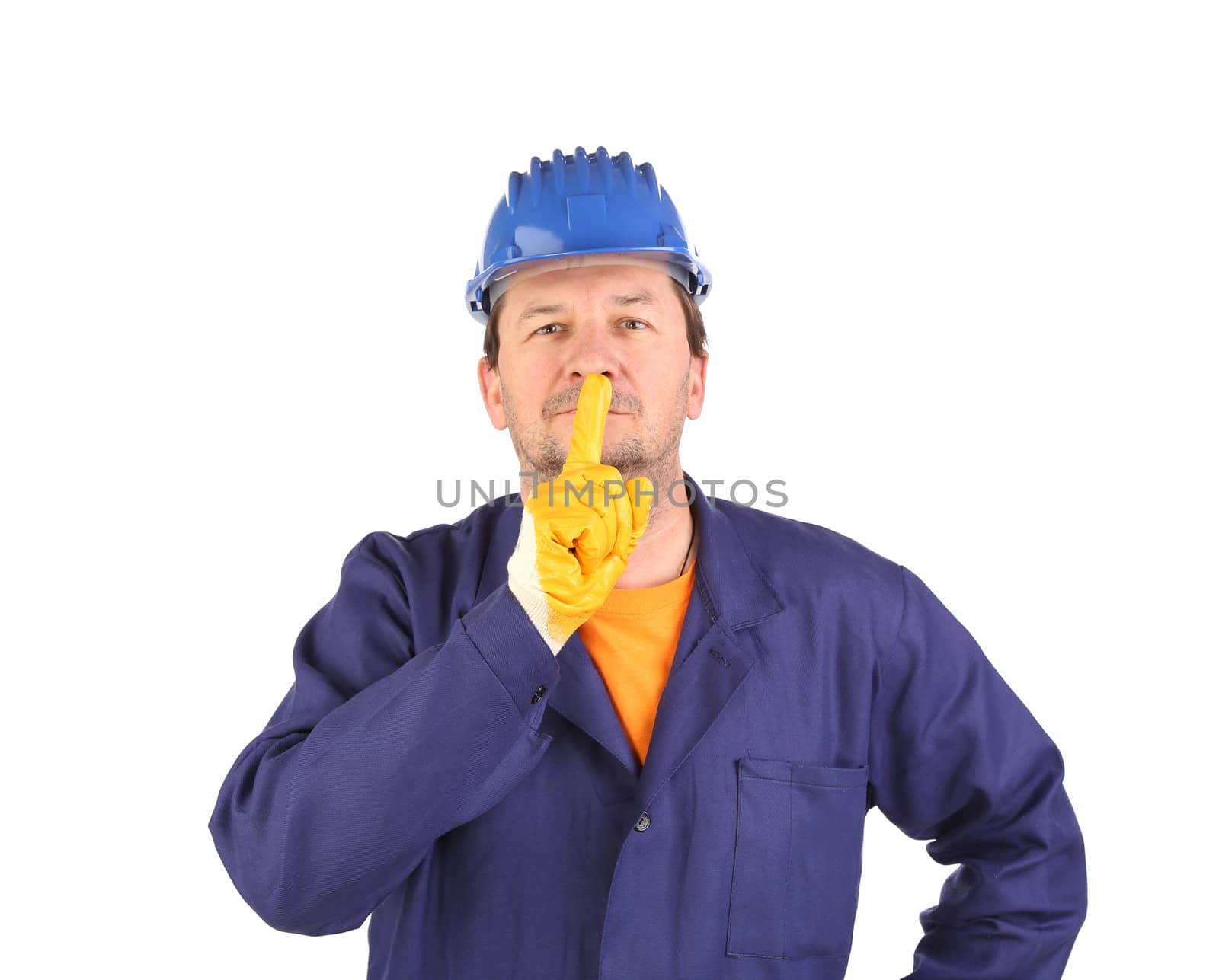 Worker with sign be quiet. Isolated on a white background.