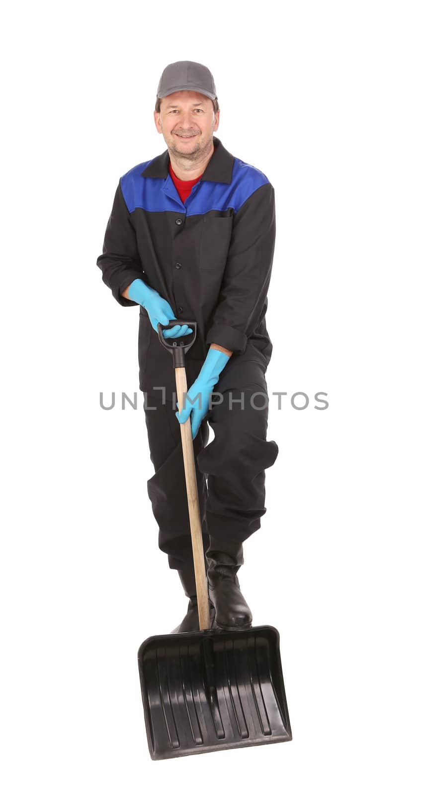 Man holds black shovel. by indigolotos