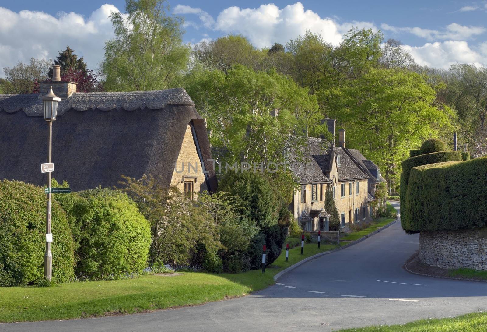 Thatched cottages in the Cotswold village of Broad Campden, Gloucestershire, England.