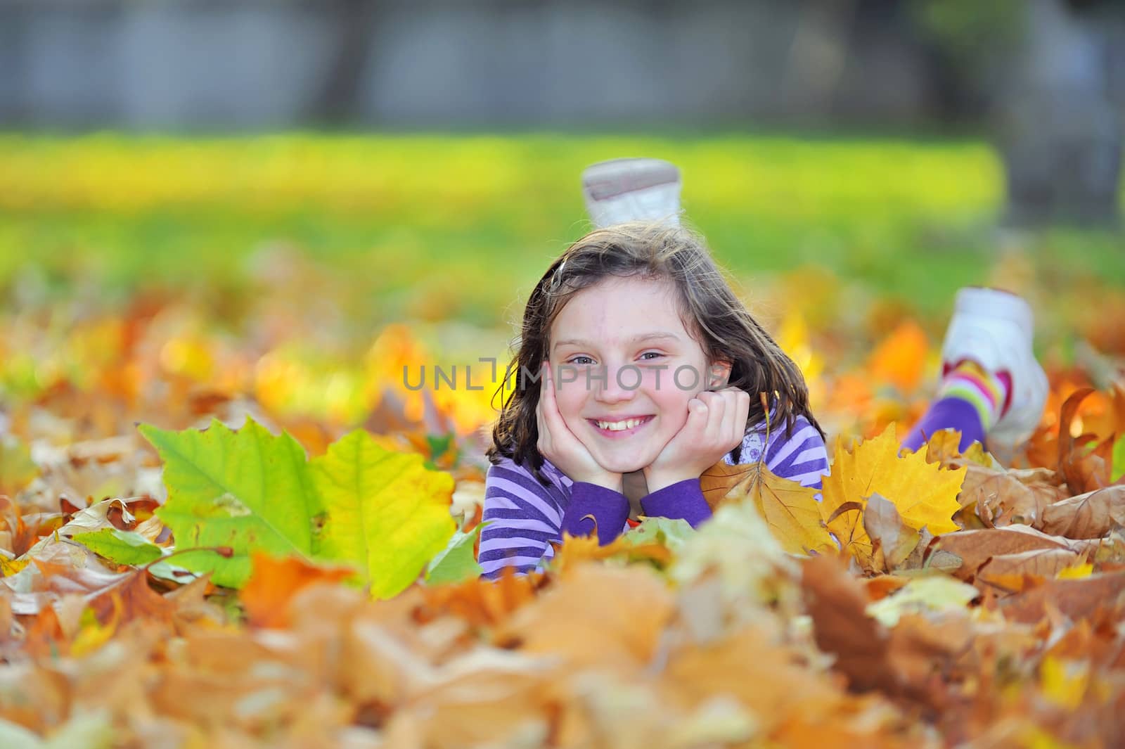 little girl laying on autumn leaves 