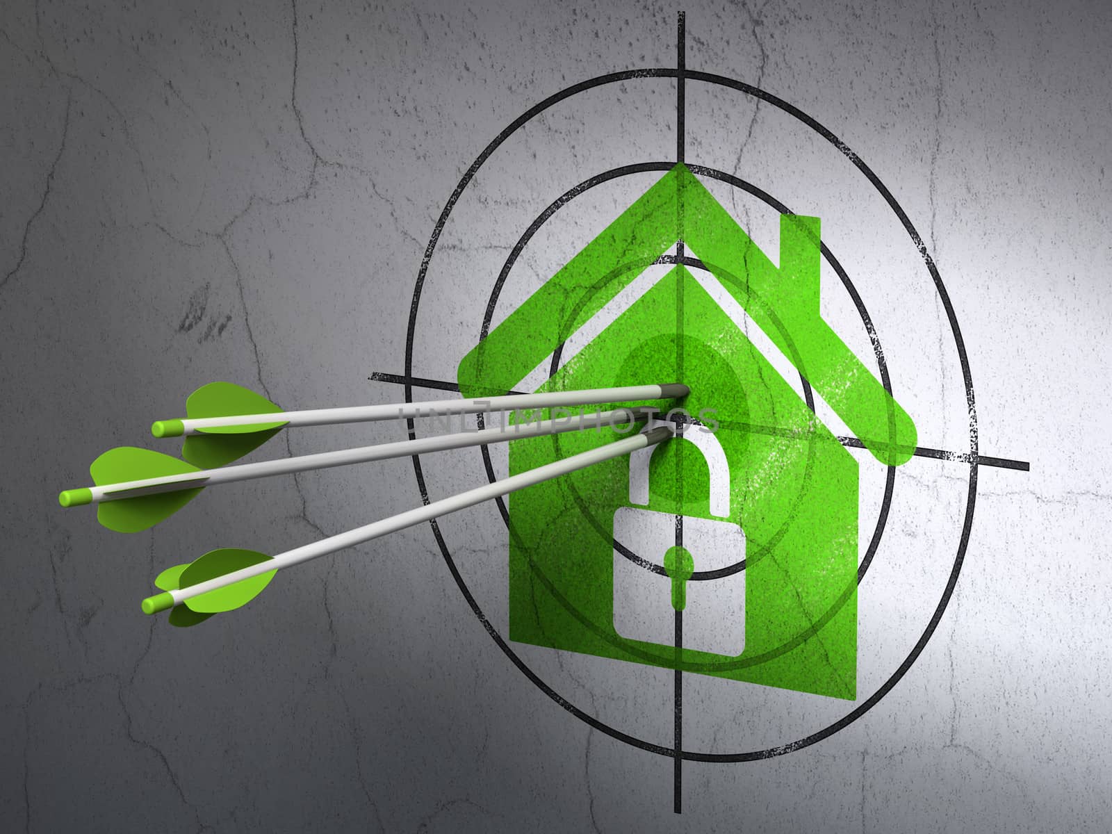 Success security concept: arrows hitting the center of Green Home target on wall background, 3d render
