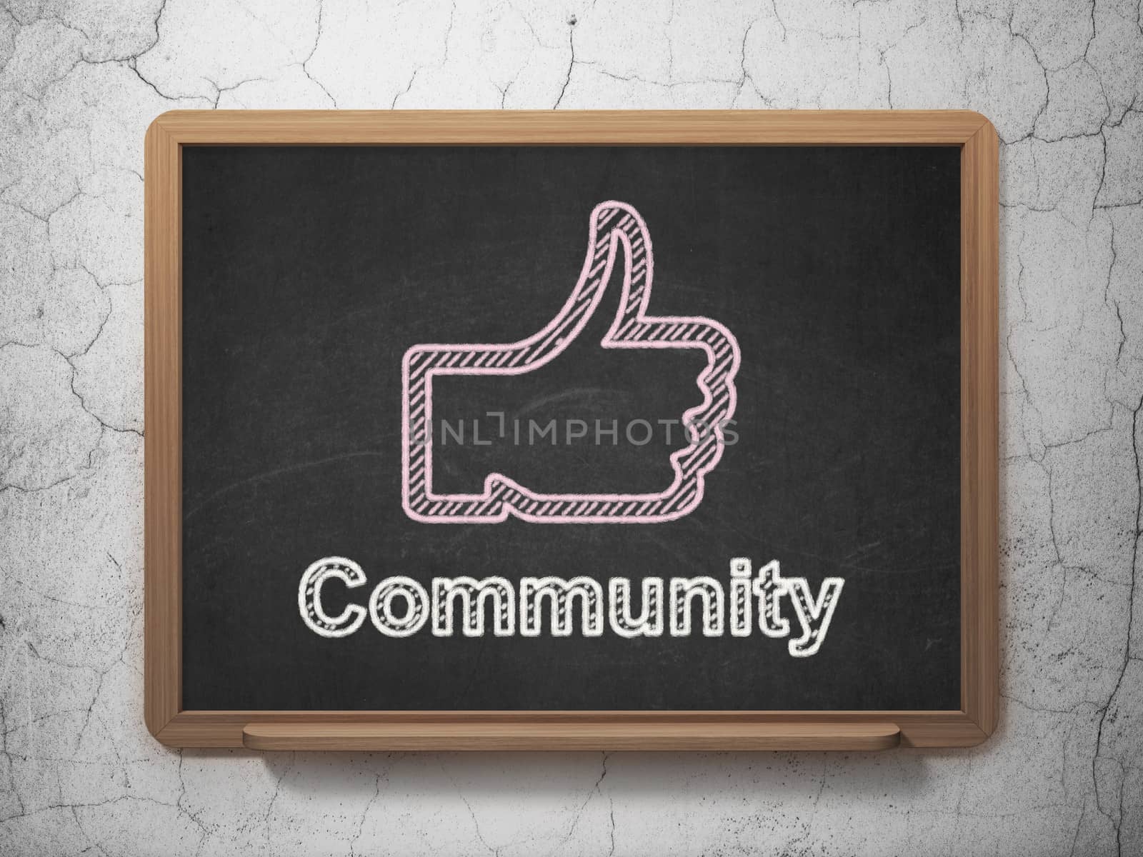 Social network concept: Thumb Up icon and text Community on Black chalkboard on grunge wall background, 3d render