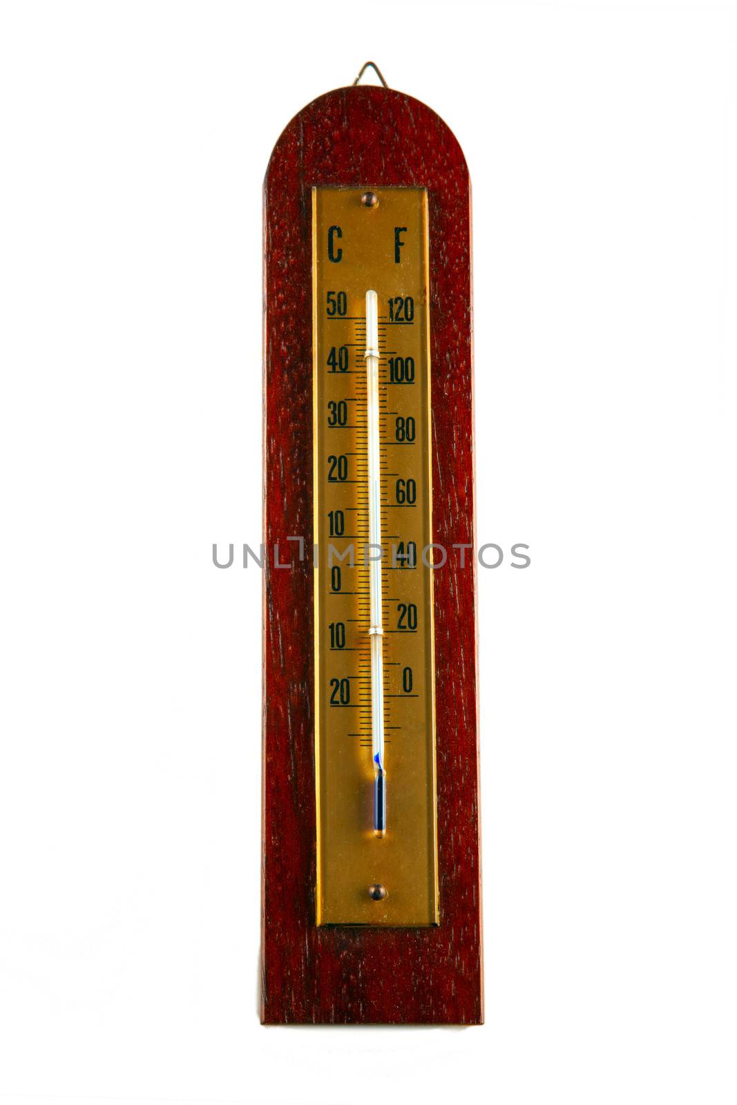 Wooden wall thermometer isolated over white background