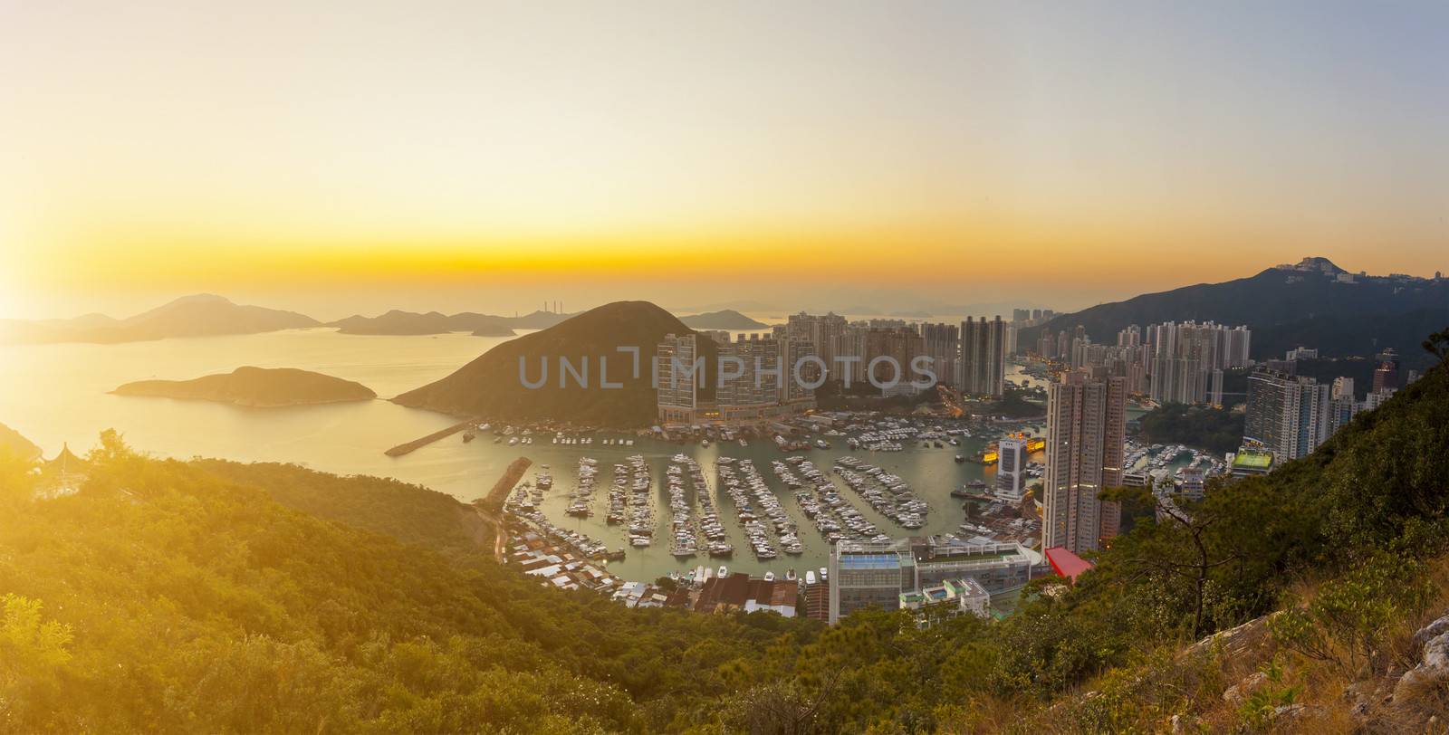 Sunset at typhoon shelter in mountain in Hong Kong