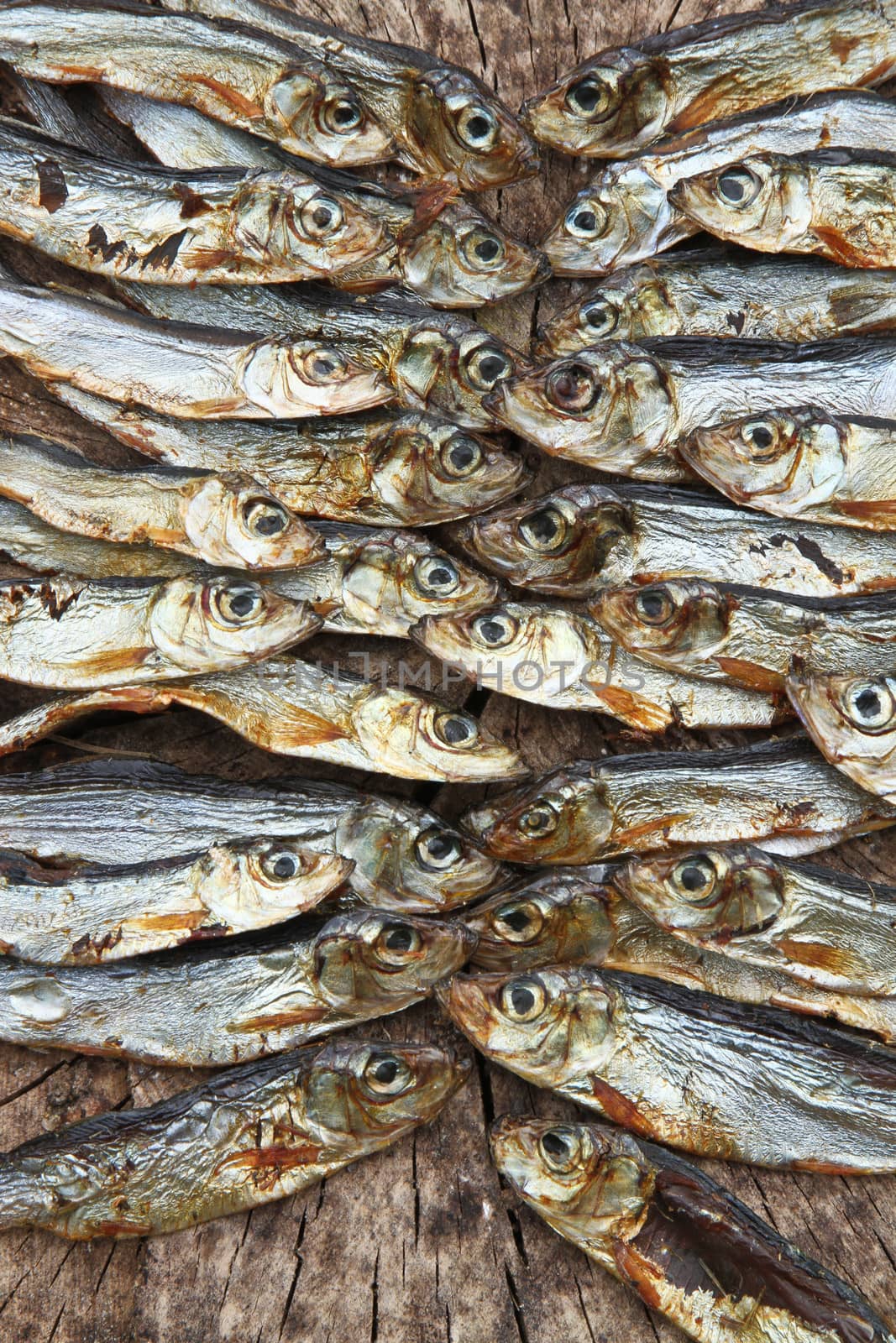 Plenty of small dried fishes on a stack