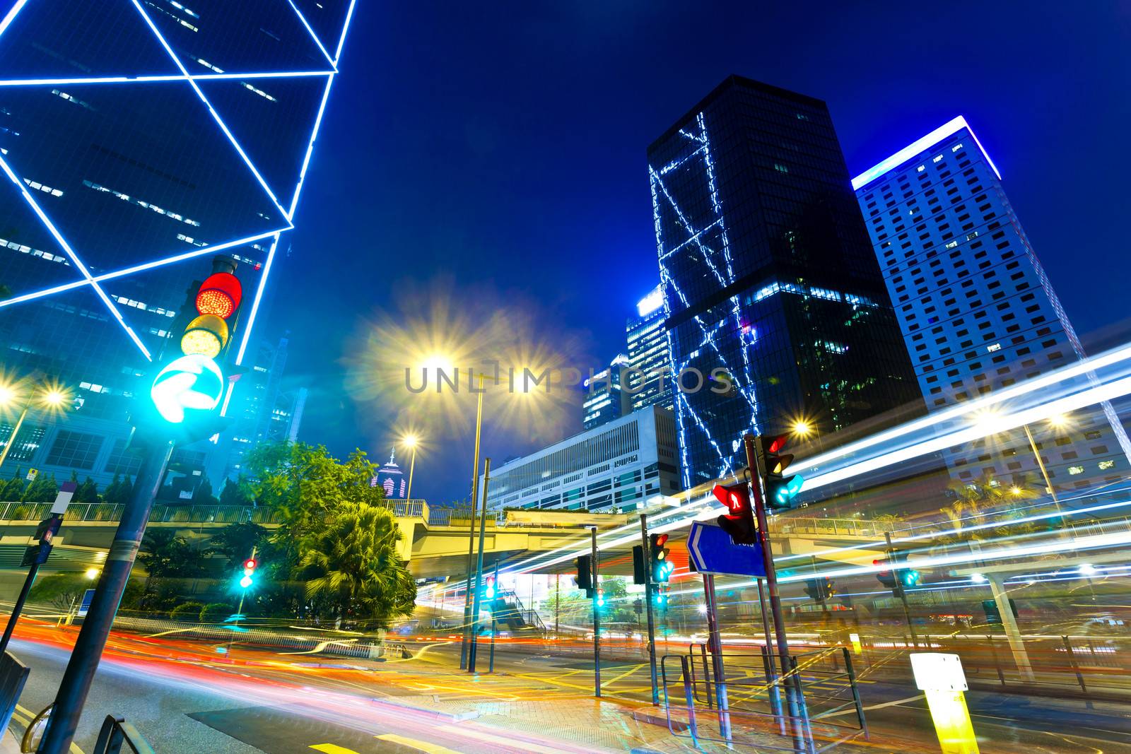 Light trails with modern buildings background