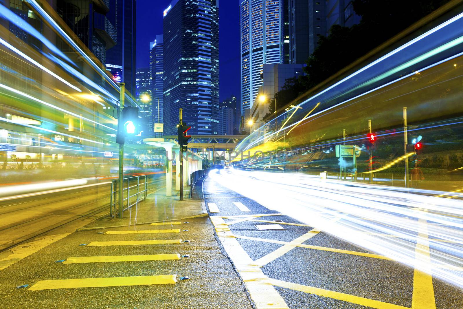 The light trails on the modern building backgrounds in Hong Kong