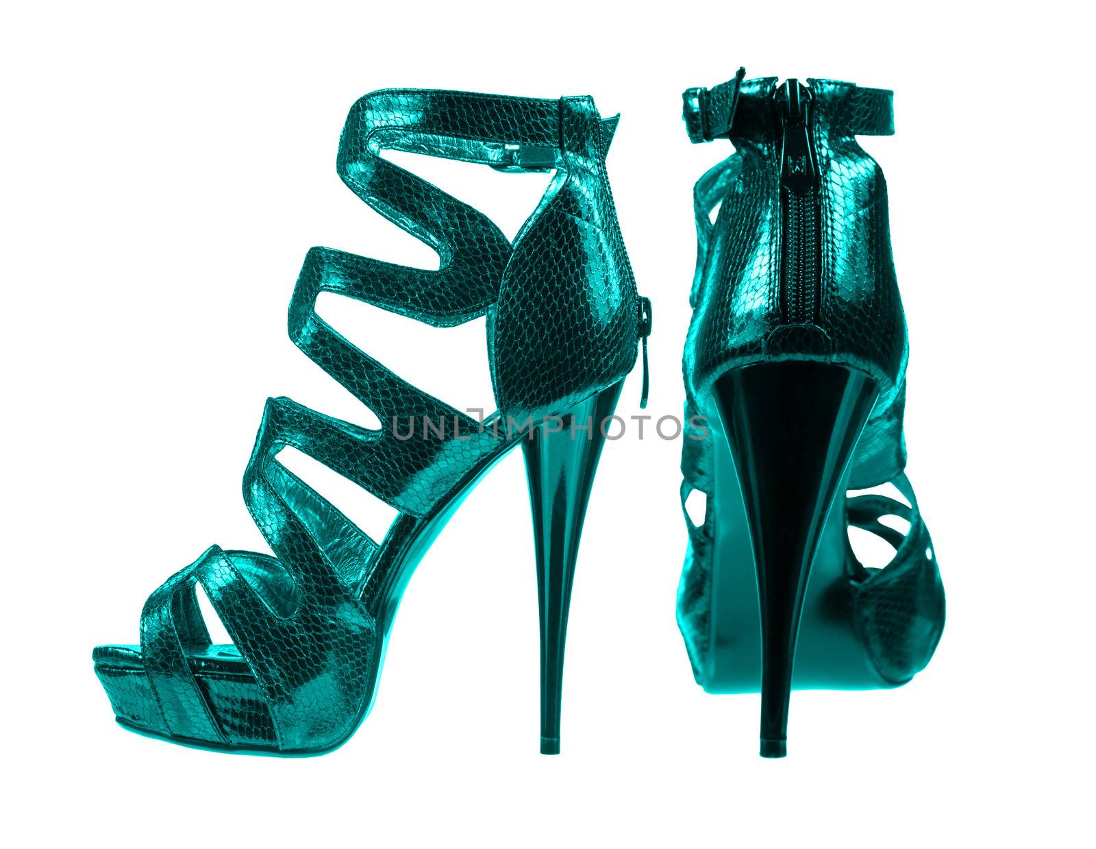 Women's shoes dark turquoise colors isolated on white background. Imitation crocodile skin. collage 