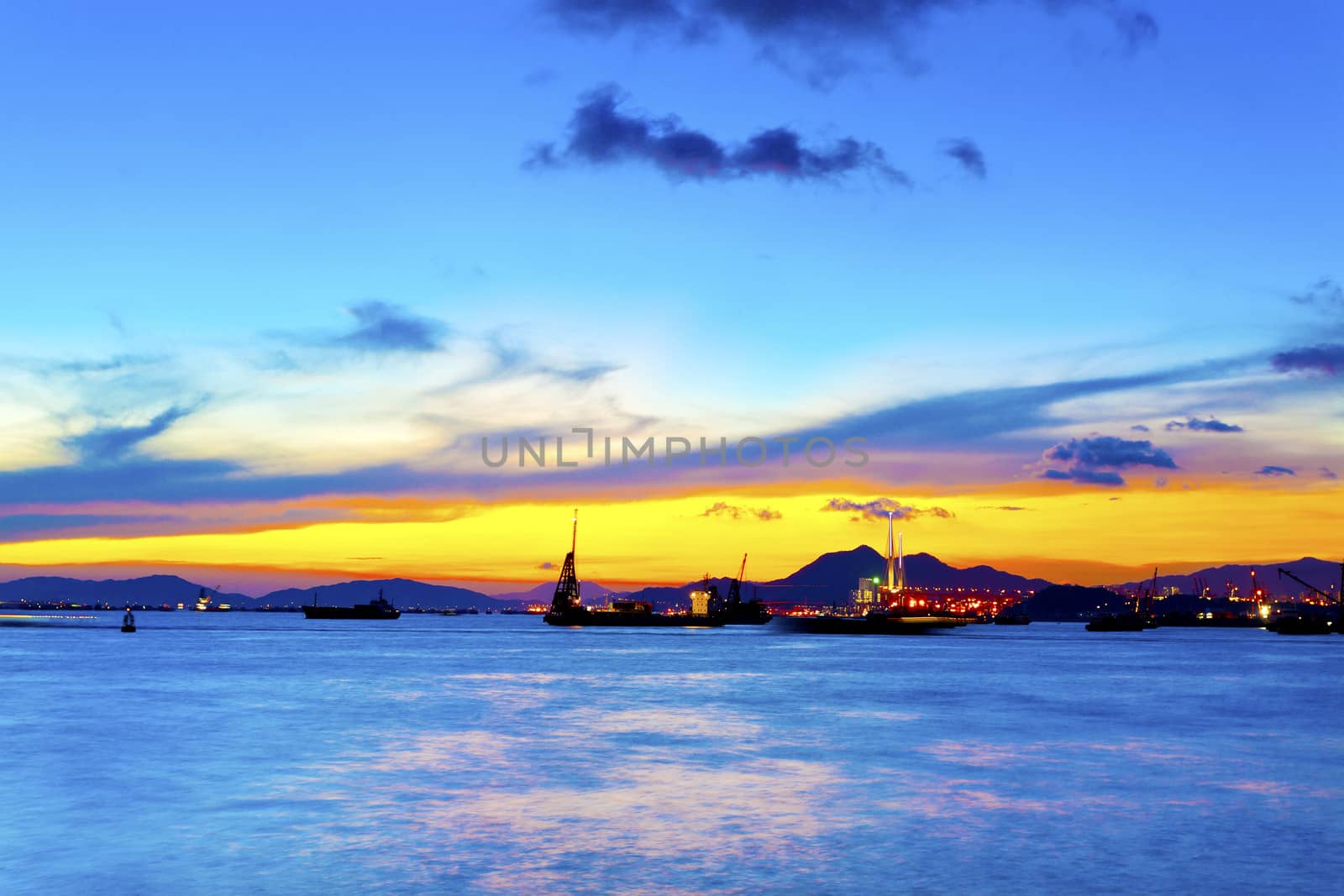 Sunset at cargo terminal in Hong Kong