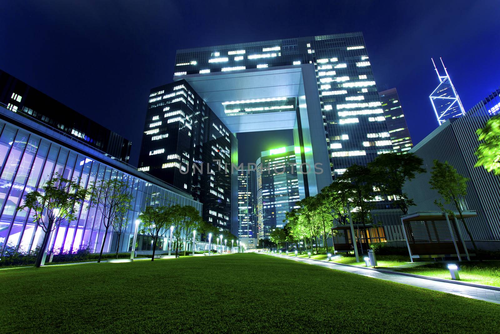 Modern buildings in city at night