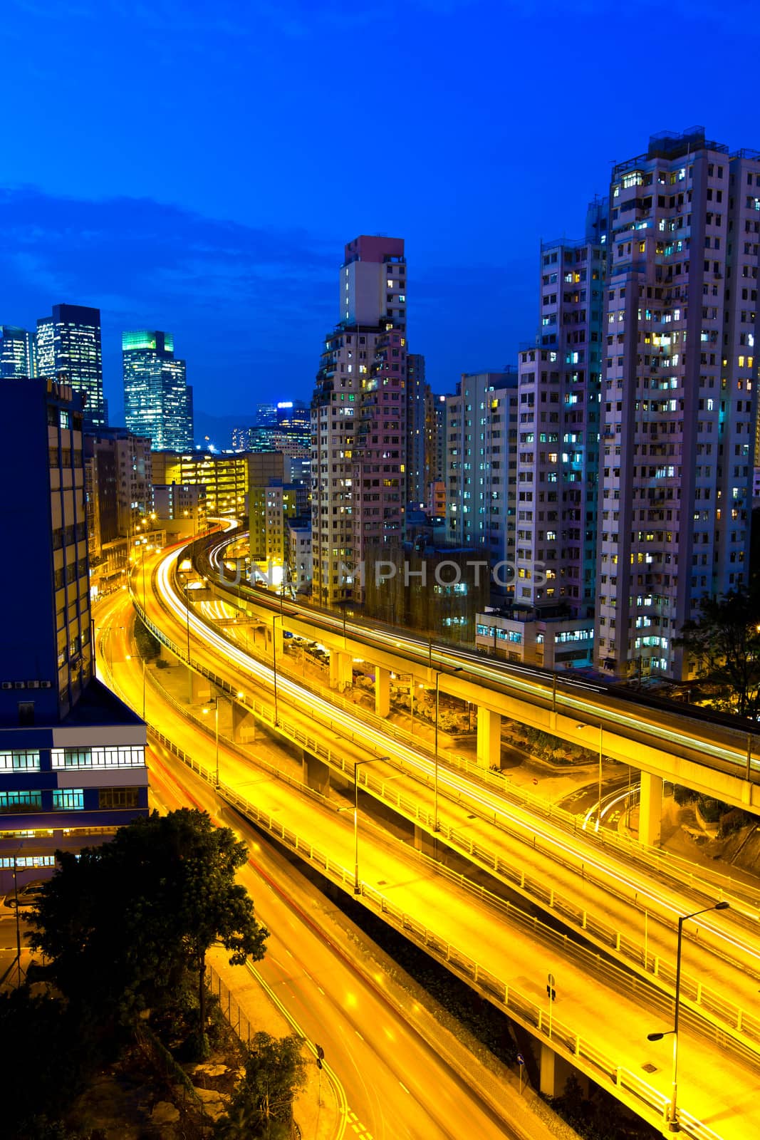 Elevated expressway in Hong Kong at night