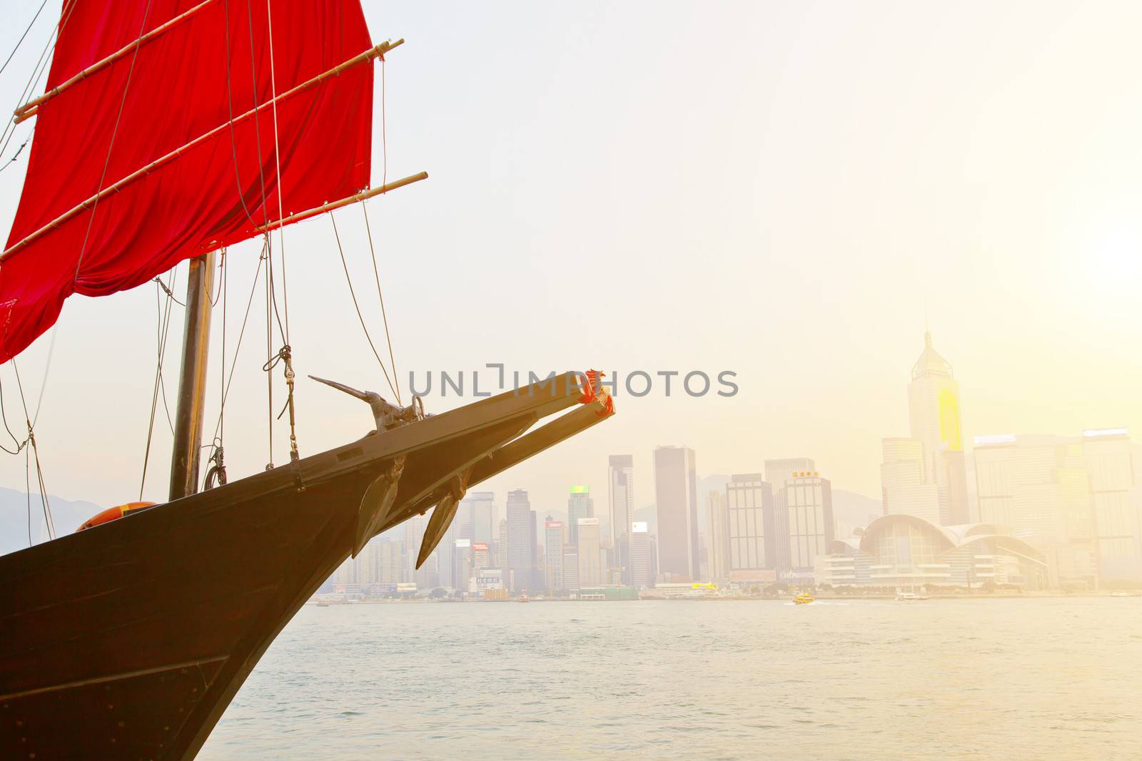 Junk boat sunset in Hong Kong