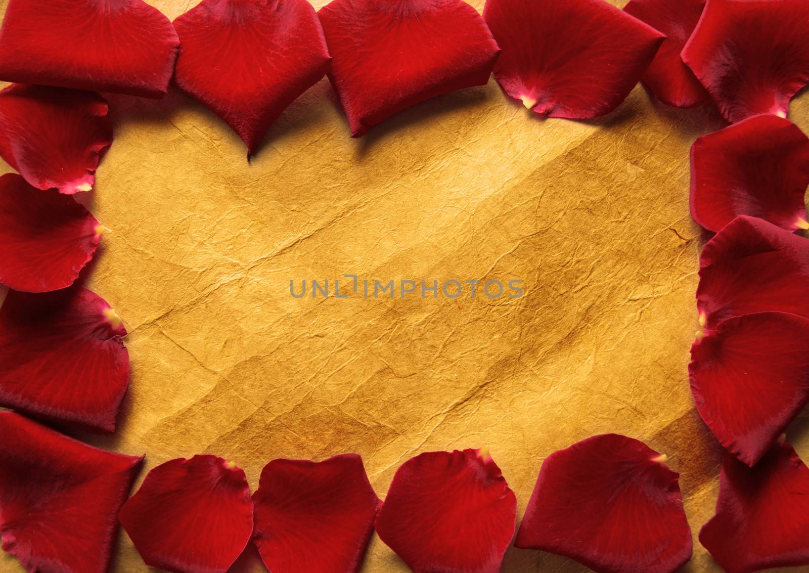 Border frame made with red rose petals over a vintage background 