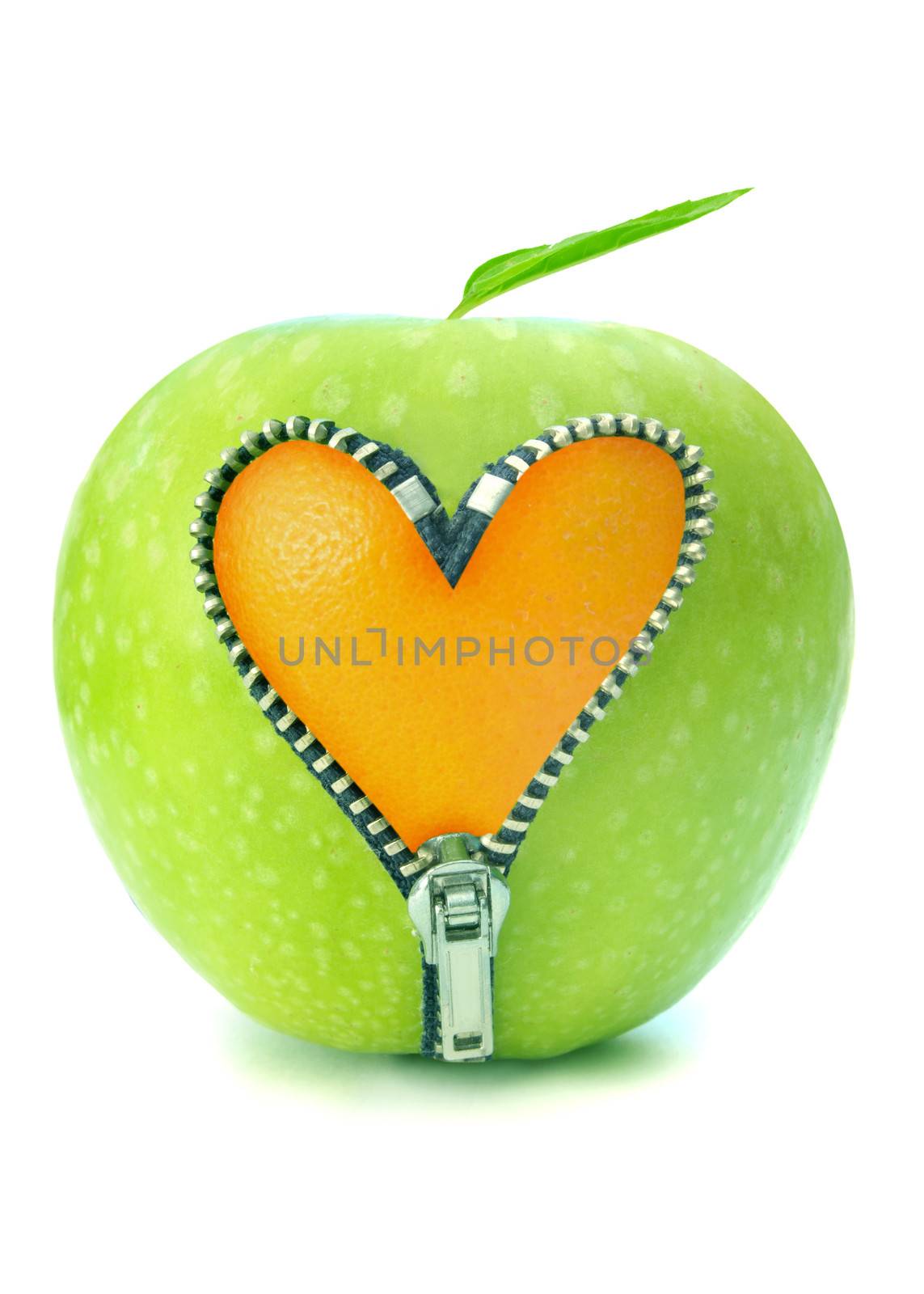 Orange underneath an apple through a heart shaped zipper 