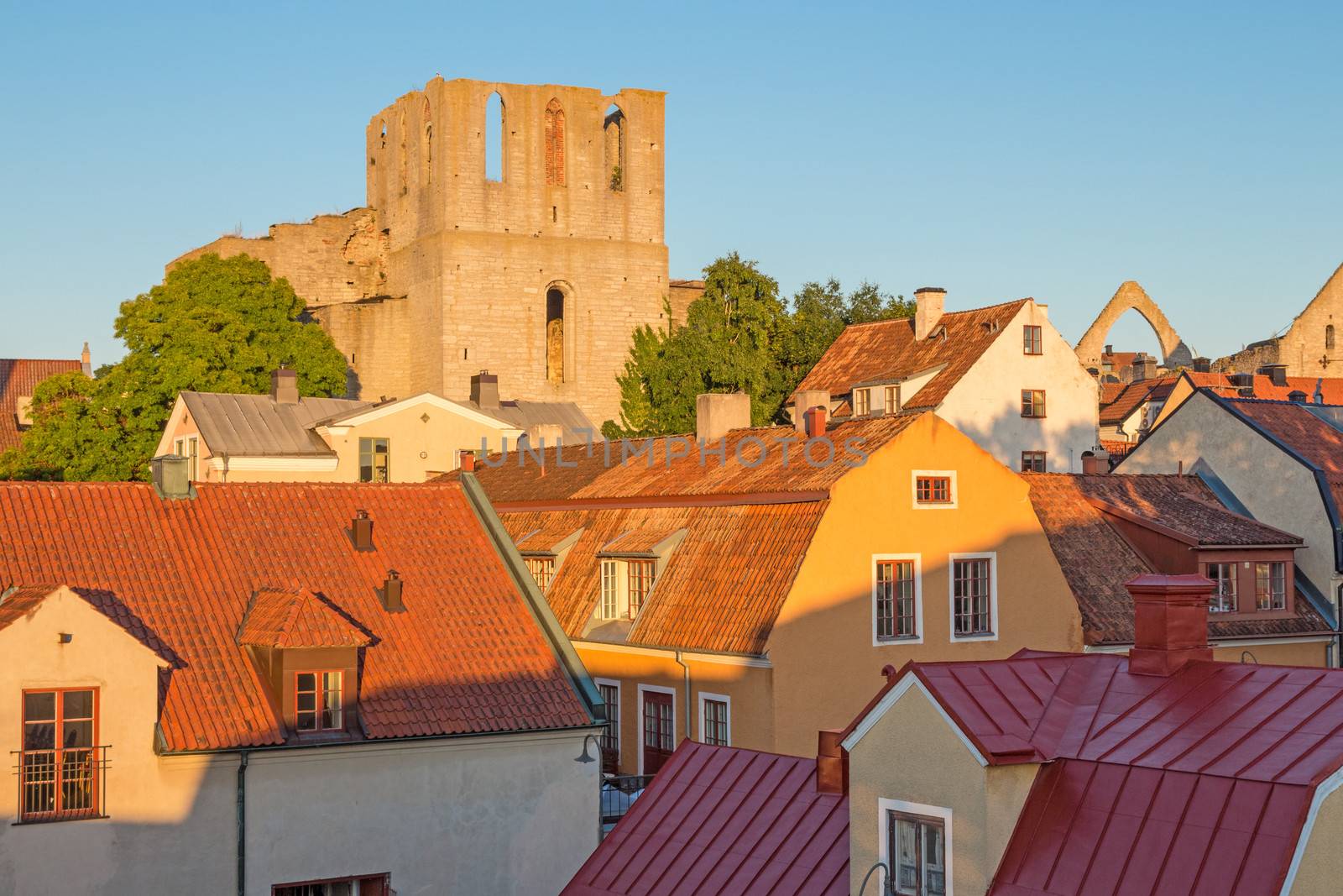 Rooftops and a medieval fortress in Visby, capital of Gotland, Sweden.
