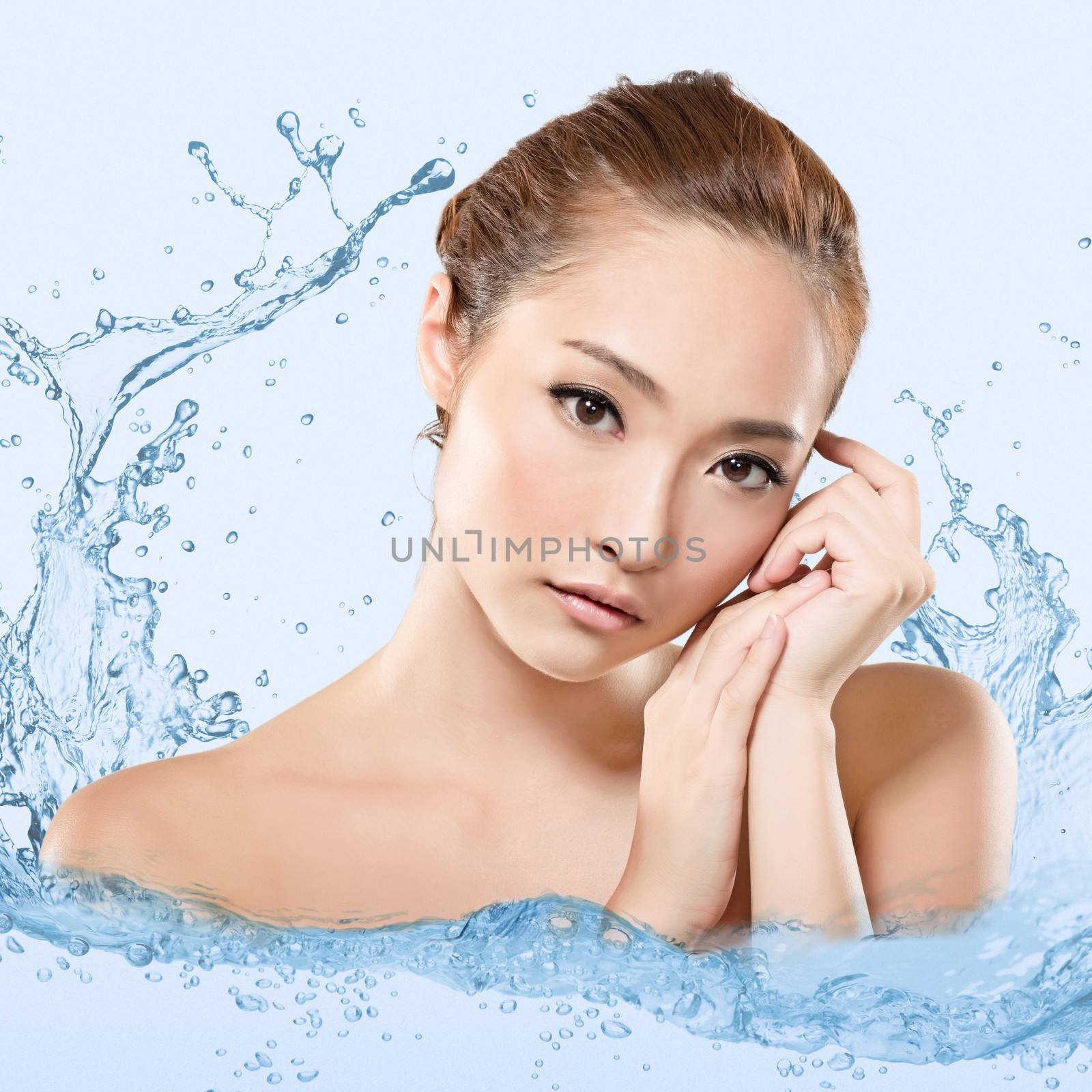 Asian beauty face with water, closeup portrait with clean and fresh elegant lady.