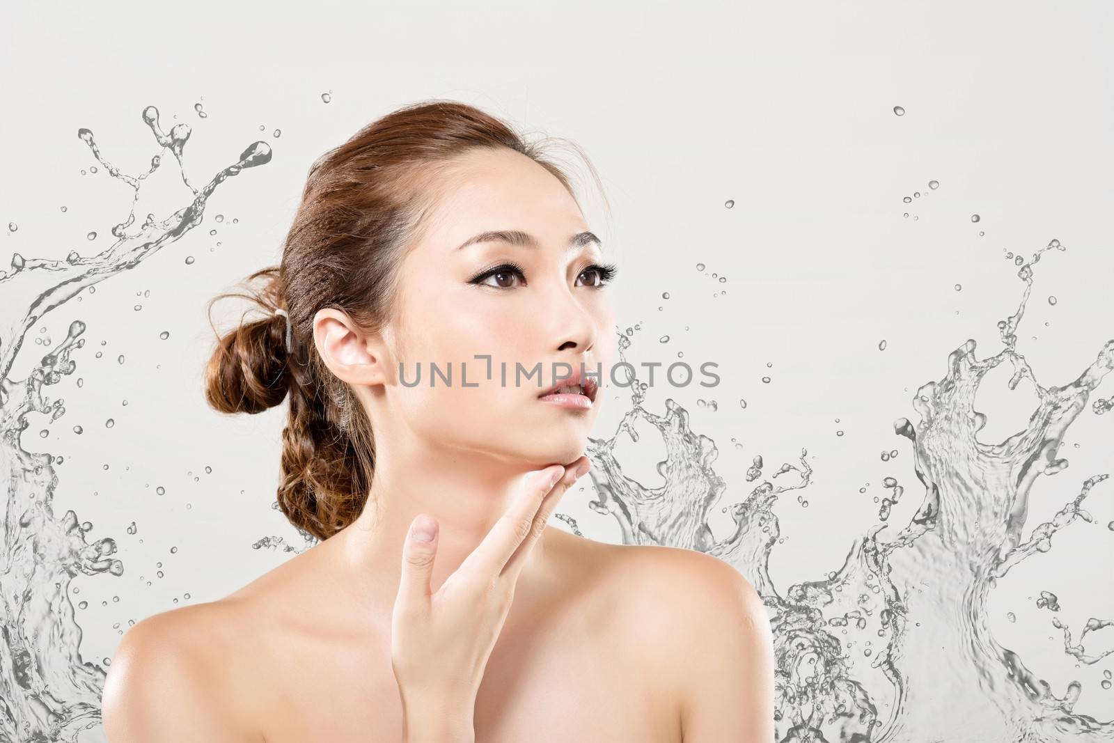 Asian beauty face with water, closeup portrait with clean and fresh elegant lady.