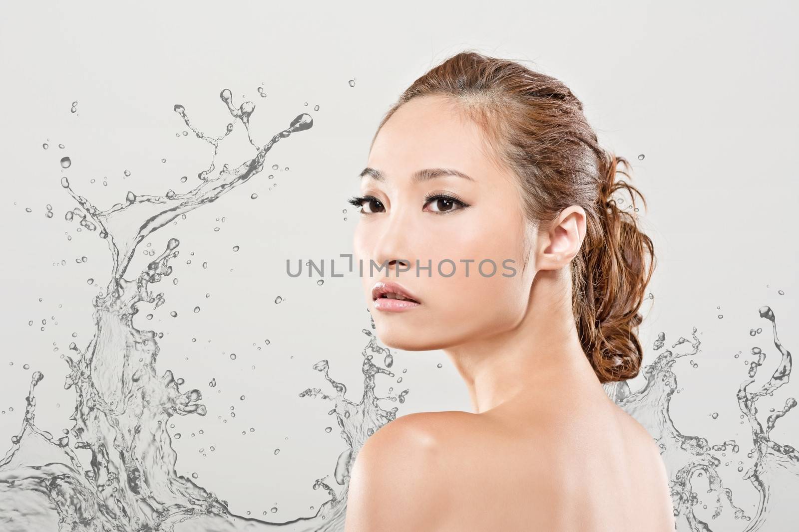 Asian beauty face with water, closeup portrait with clean and fresh elegant lady.