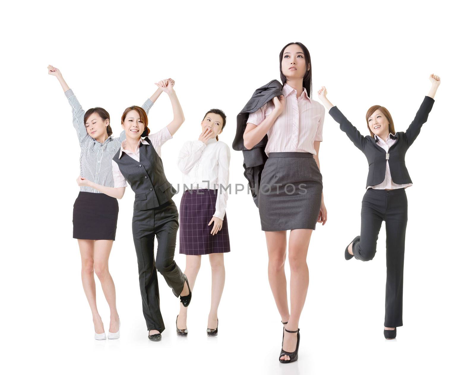 Confident business woman lead her excited team, full length portrait of group people isolated on white background.