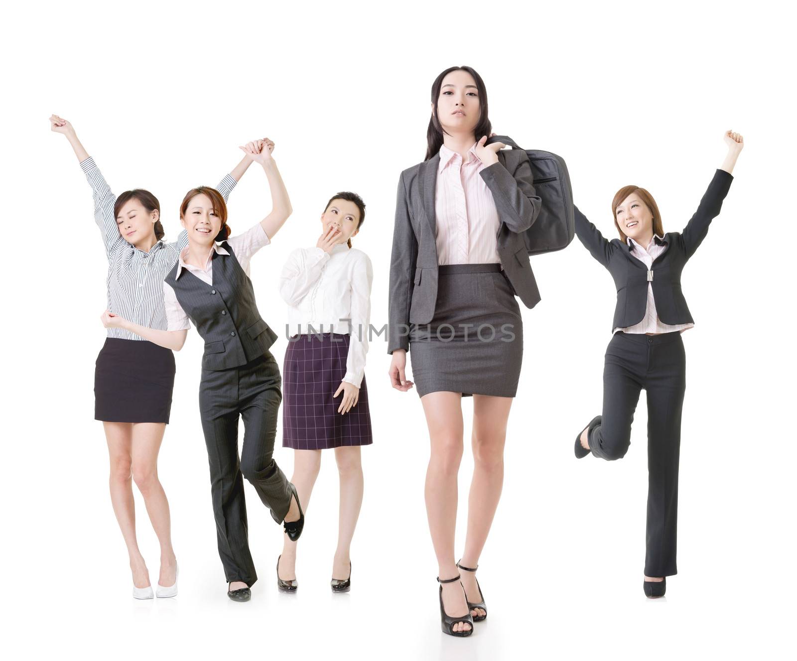 Confident business woman lead her excited team, full length portrait of group people isolated on white background.