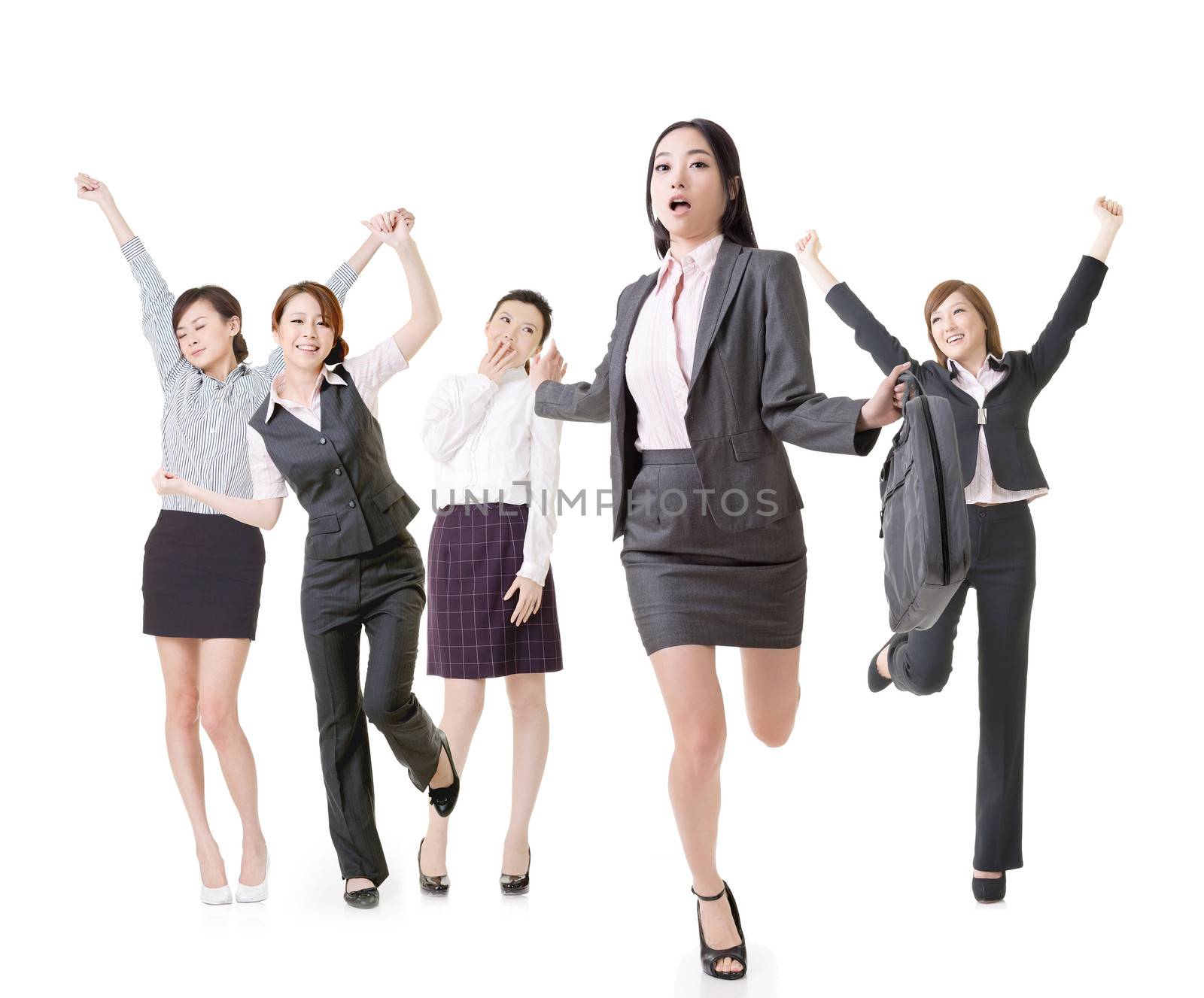 Running business woman lead her excited team, full length portrait of group people isolated on white background.