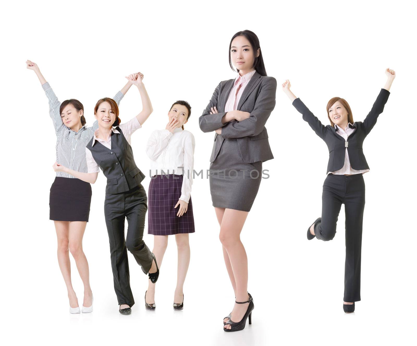 Confident business woman lead her excited team, full length portrait of group people isolated on white background.
