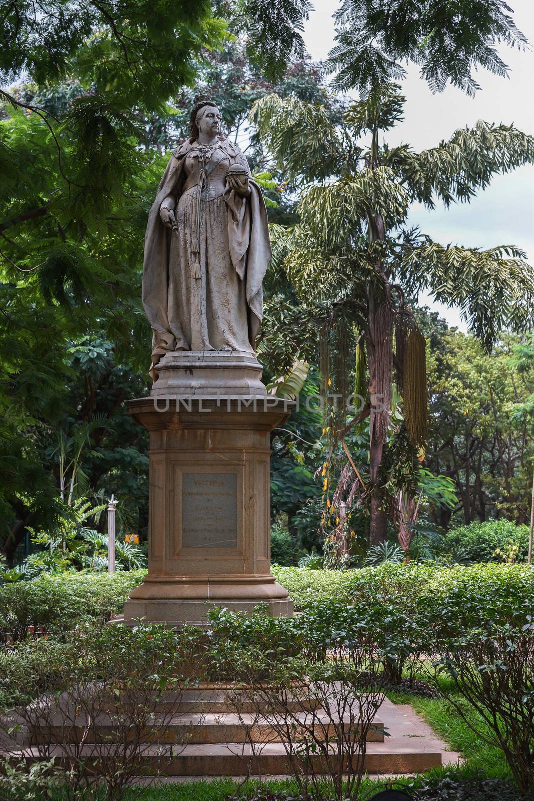 Statue of Queen Victoria stands at the edge of Cubban Park in Bangalore.