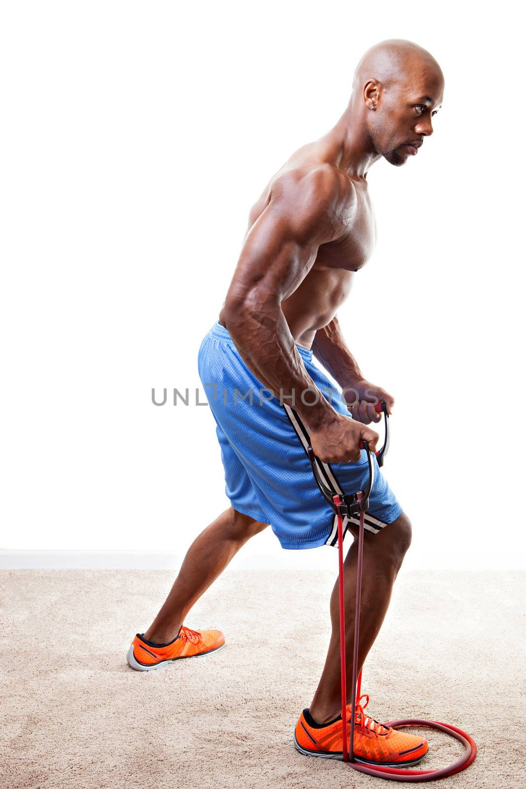 Ripped body builder working out  using a resistance band. 