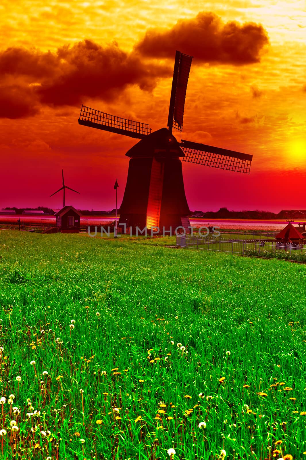 Landscape with Old Dutch Windmill at Sunset