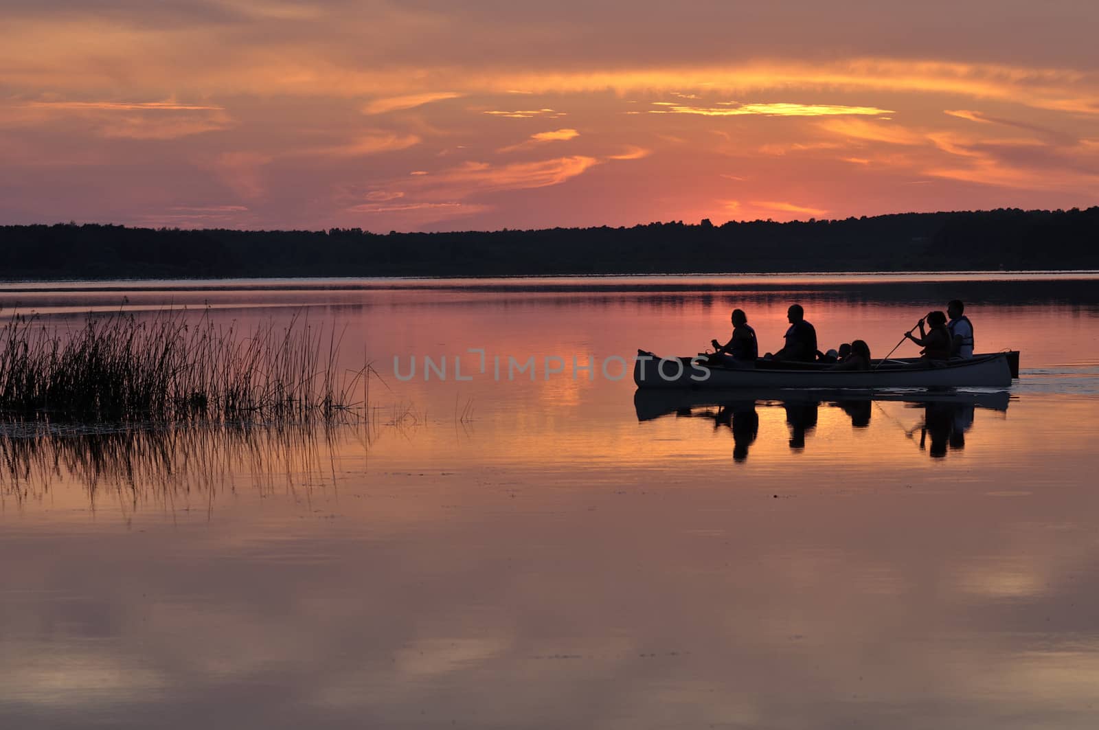 Two family bark Canoes at sunset in summer