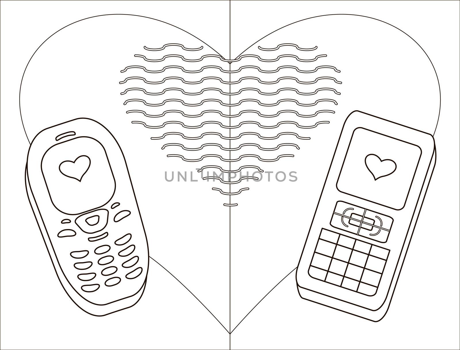 Enamored mobile phones with hearts, monochrome contours