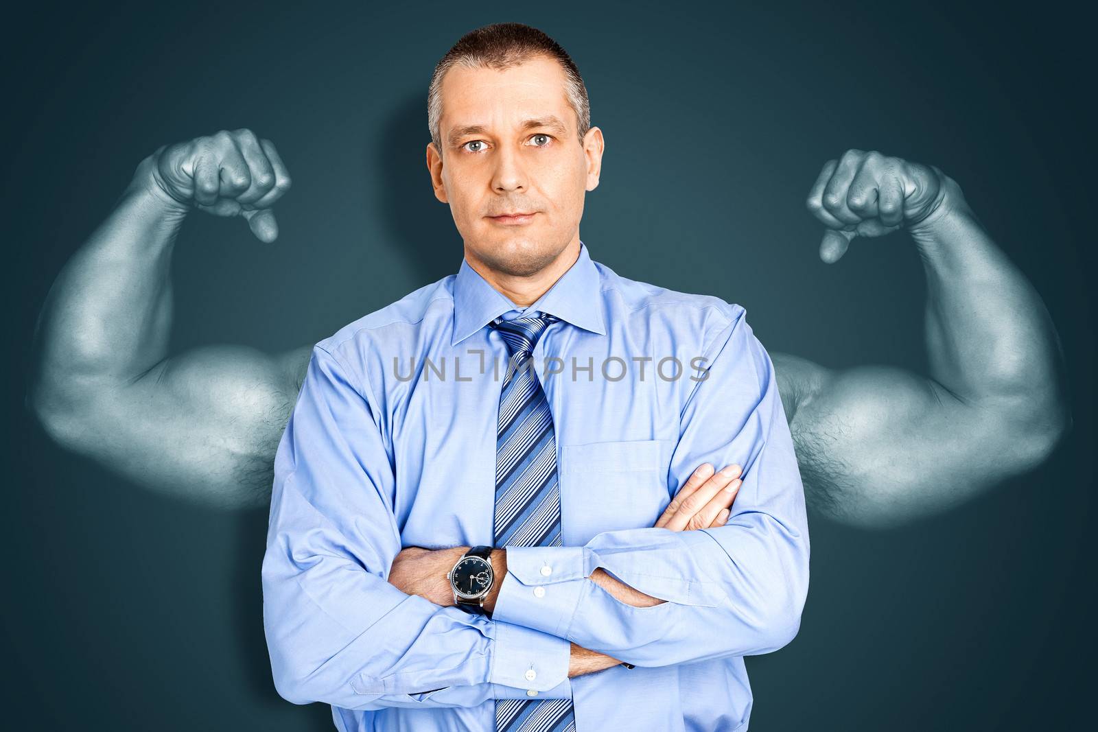 An image of a handsome business man and muscles