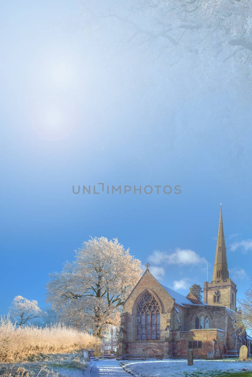 Seasonal background with snow covered trees and church.