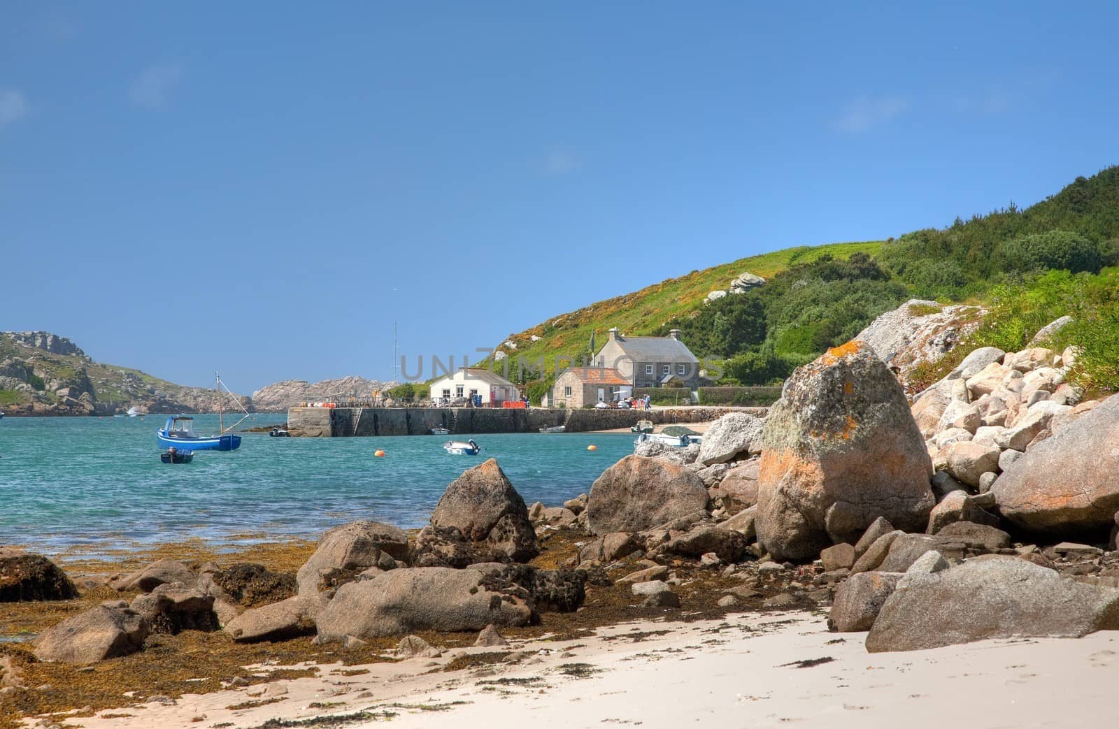 Looking towards the quay at New Grimsby, Tresco, Isles of Scilly, Cornwall, England.