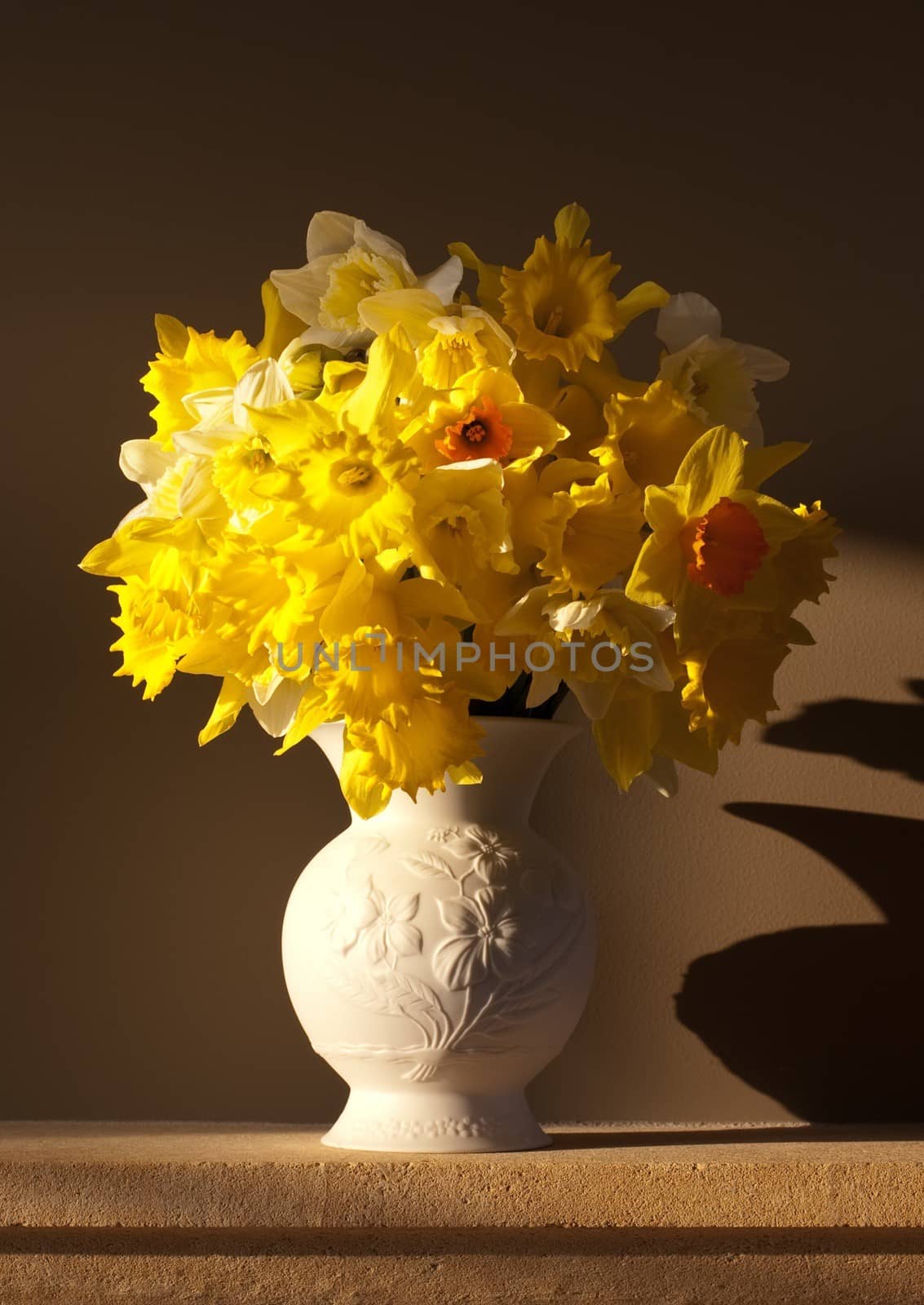 White vase with spring daffodils on Cotswold matlepiece,