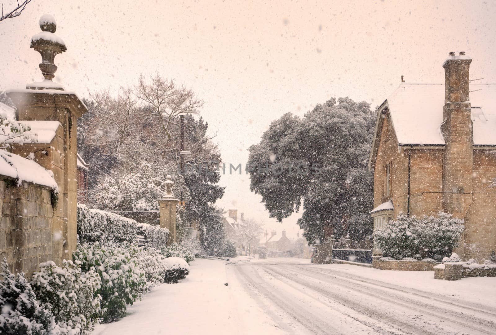 Cotswold high street in wintertime, Mickleton, Chipping Campden, Gloucestershire, England.