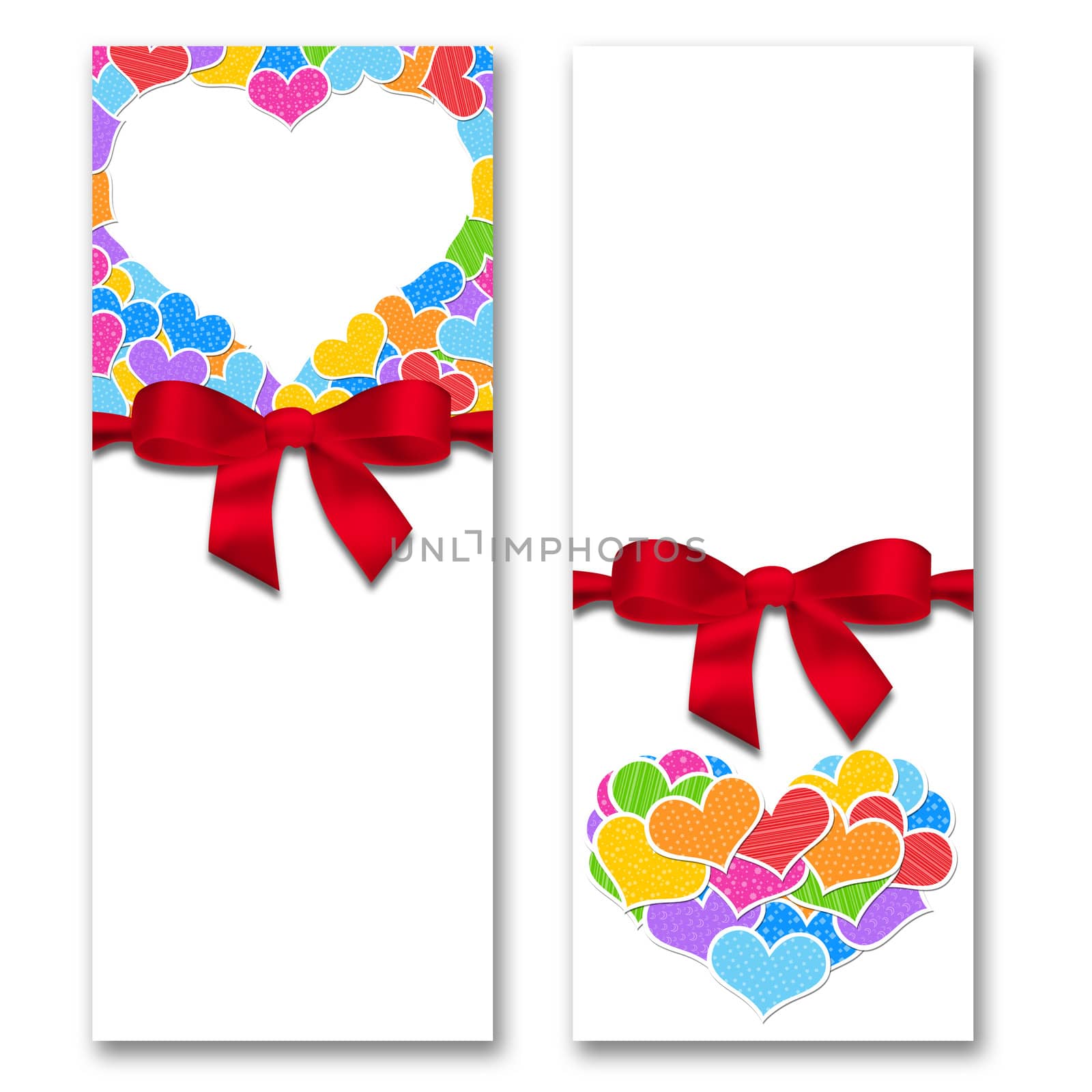 Card with hearts and ribbon with a bow. The concept of Valentine's Day